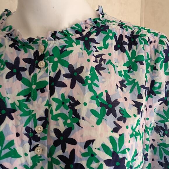TALBOTS XL Green Blue Floral Cotton Blouse Quietlux Resort Coastal Grandma - Picture 3 of 10